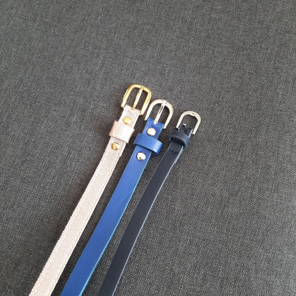 Trio of belts. Navy blue, royal blue and pink